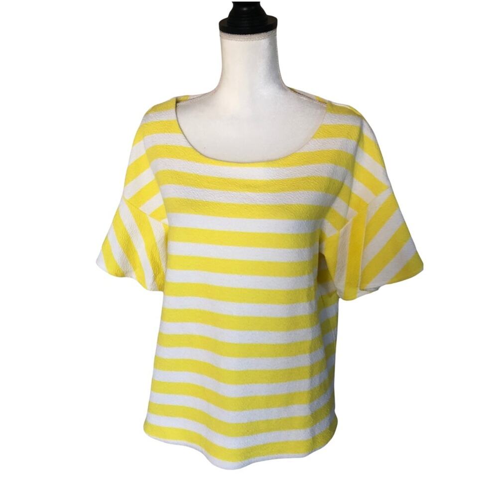 Anthropologie Postmark bright ruffle sleeve blouse yellow and white stripes